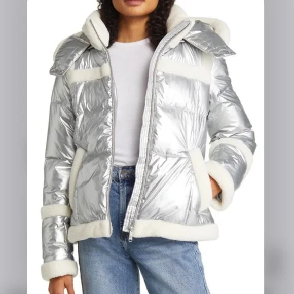 Sam Edelman METALLIC FLEECE TRIM HOODED PUFF COAT IN SILVER NWT - Picture 1 of 14